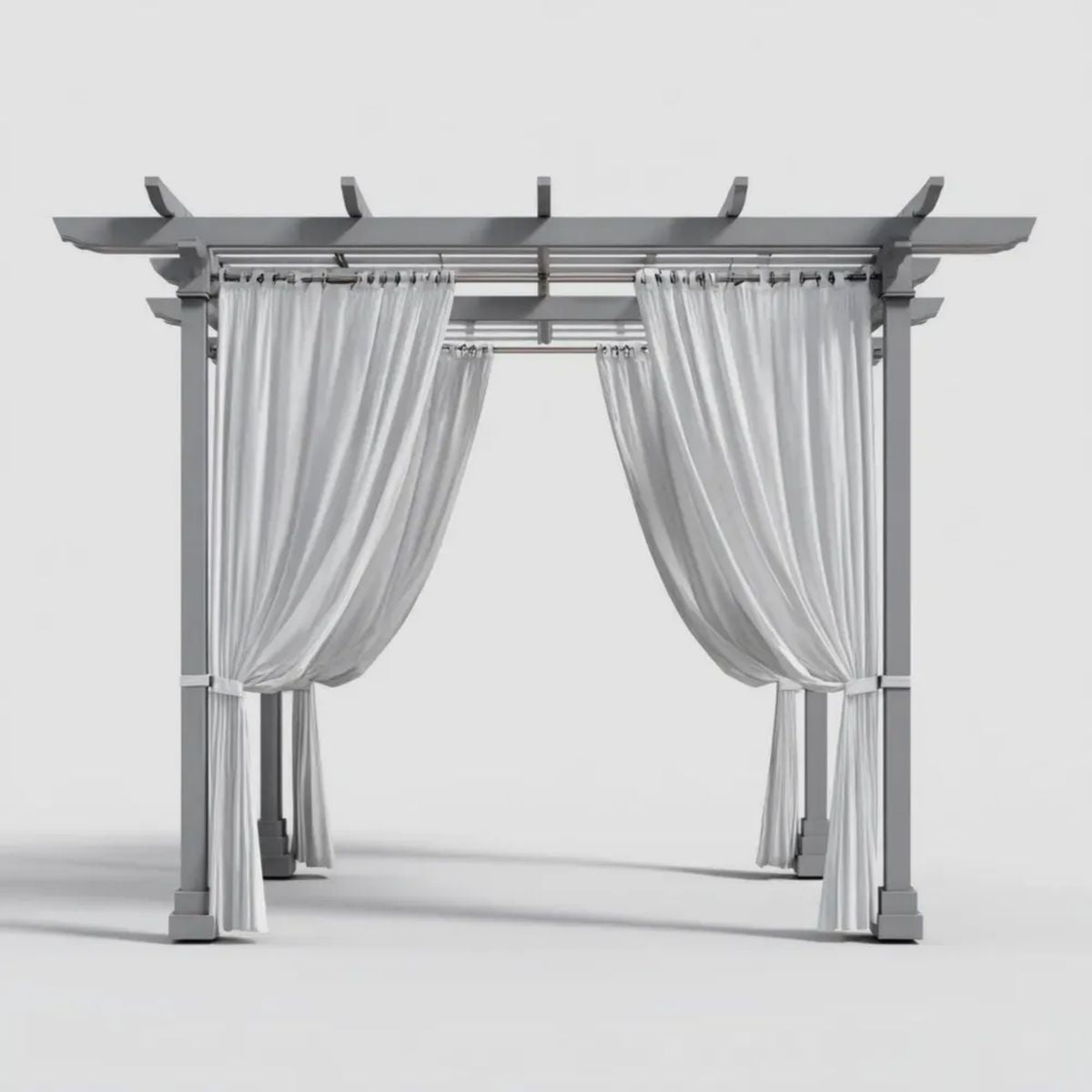 Kwadratowa pergola ogrodowa 300 x 300 x 230 cm z aluminiową ramą i białymi zasłonami, szara