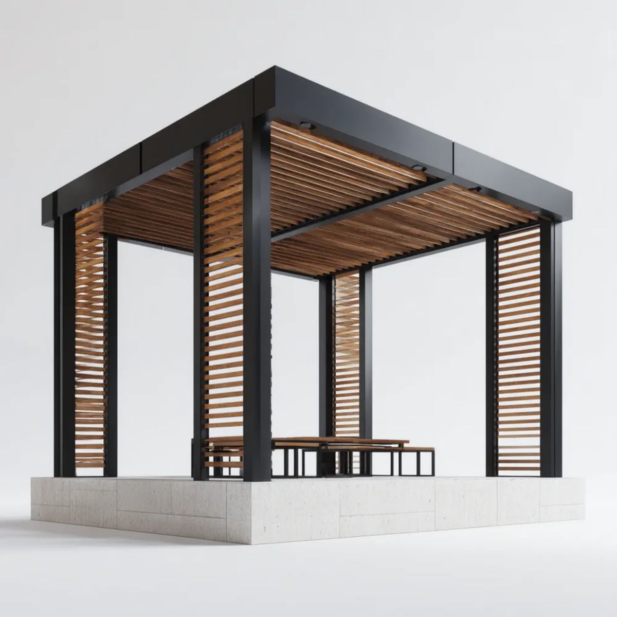 Kwadratowa pergola ogrodowa z aluminium i drewna, czarno-brązowa, 400 x 400 x 300 cm