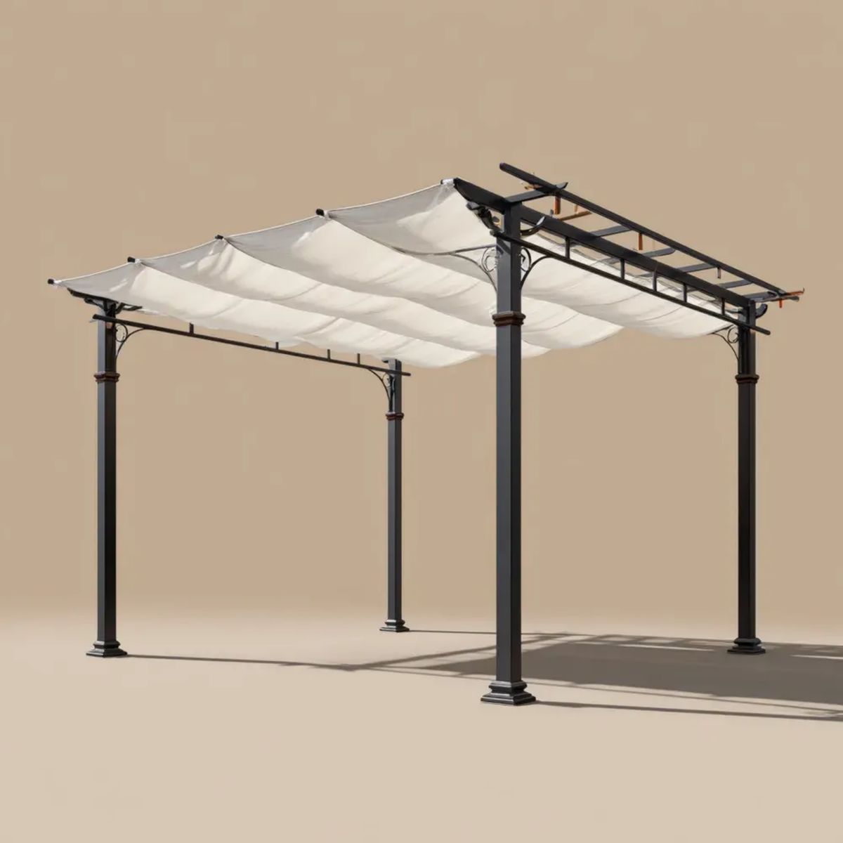 Pergola zewnętrzna stalowa z rozsuwanym dachem kremowo-czarna 400 x 300 x 230 cm