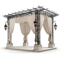 Stalowa pergola ogrodowa z beżowymi zasłonami, czarna, 300 × 300 × 300 cm