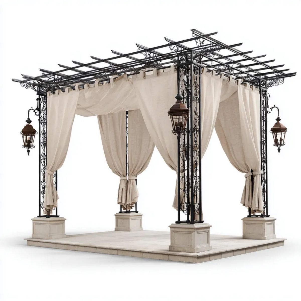 Stalowa pergola ogrodowa z beżowymi zasłonami, czarna, 300 × 300 × 300 cm