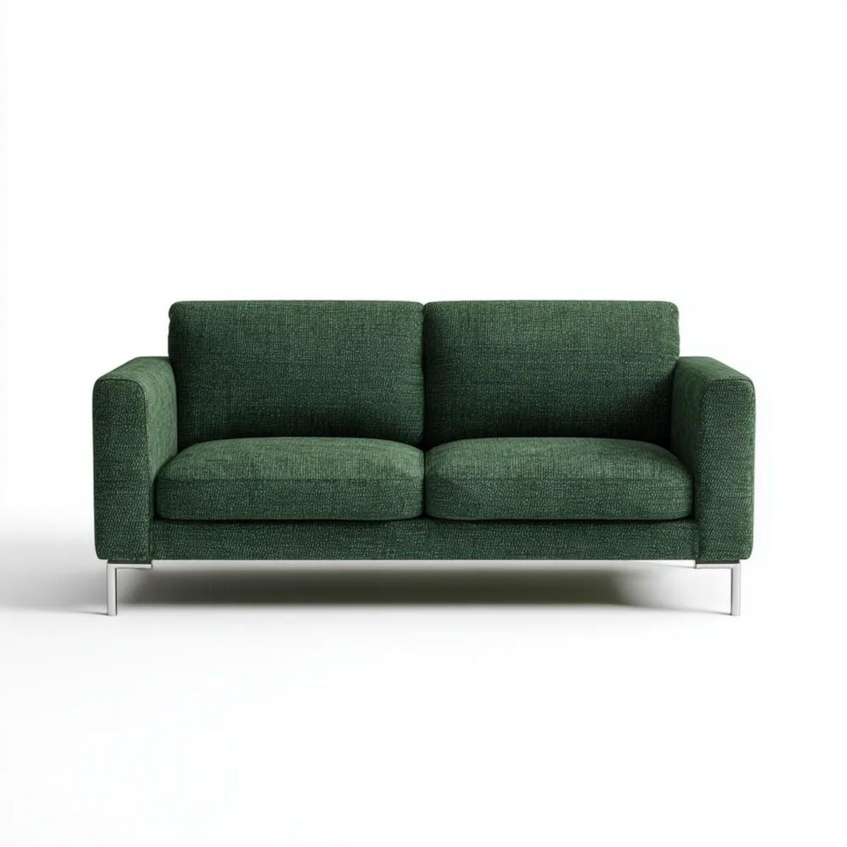 Dwuosobowa sofa z poliestru, ciemnozielona ze srebrnymi metalowymi nogami, 160 x 85 x 82 cm