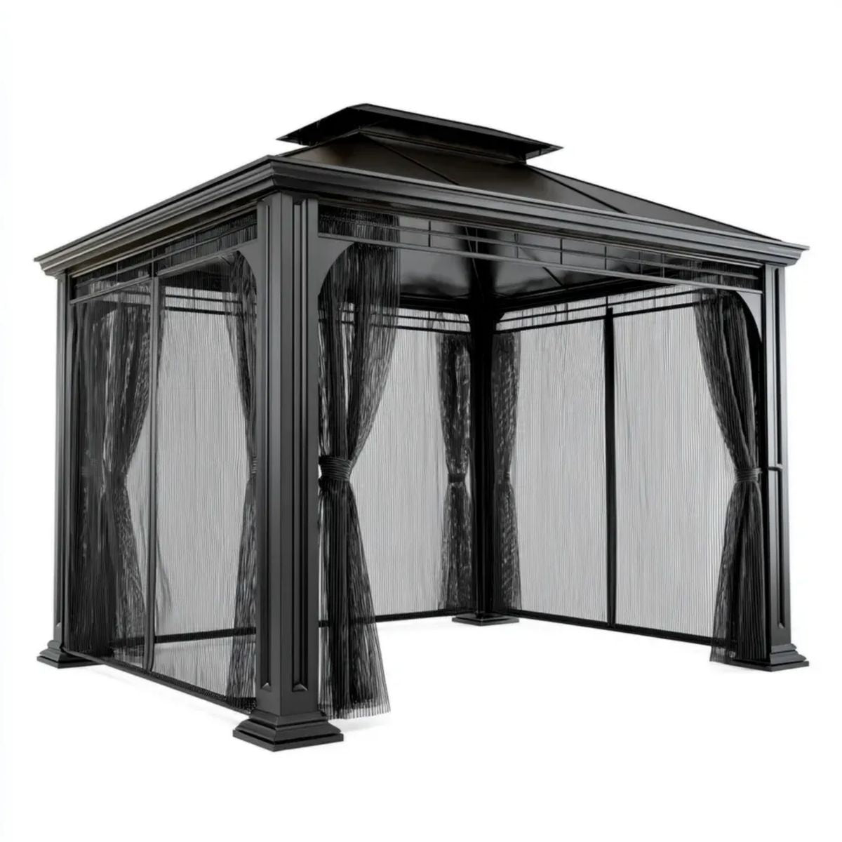Kwadratowa altana ogrodowa 300 x 300 x 270 cm czarna z aluminium i stali ocynkowanej z zasłonami