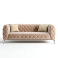 Trzyosobowa sofa beżowa z aksamitu, pikowana, 220 x 95 x 78 cm