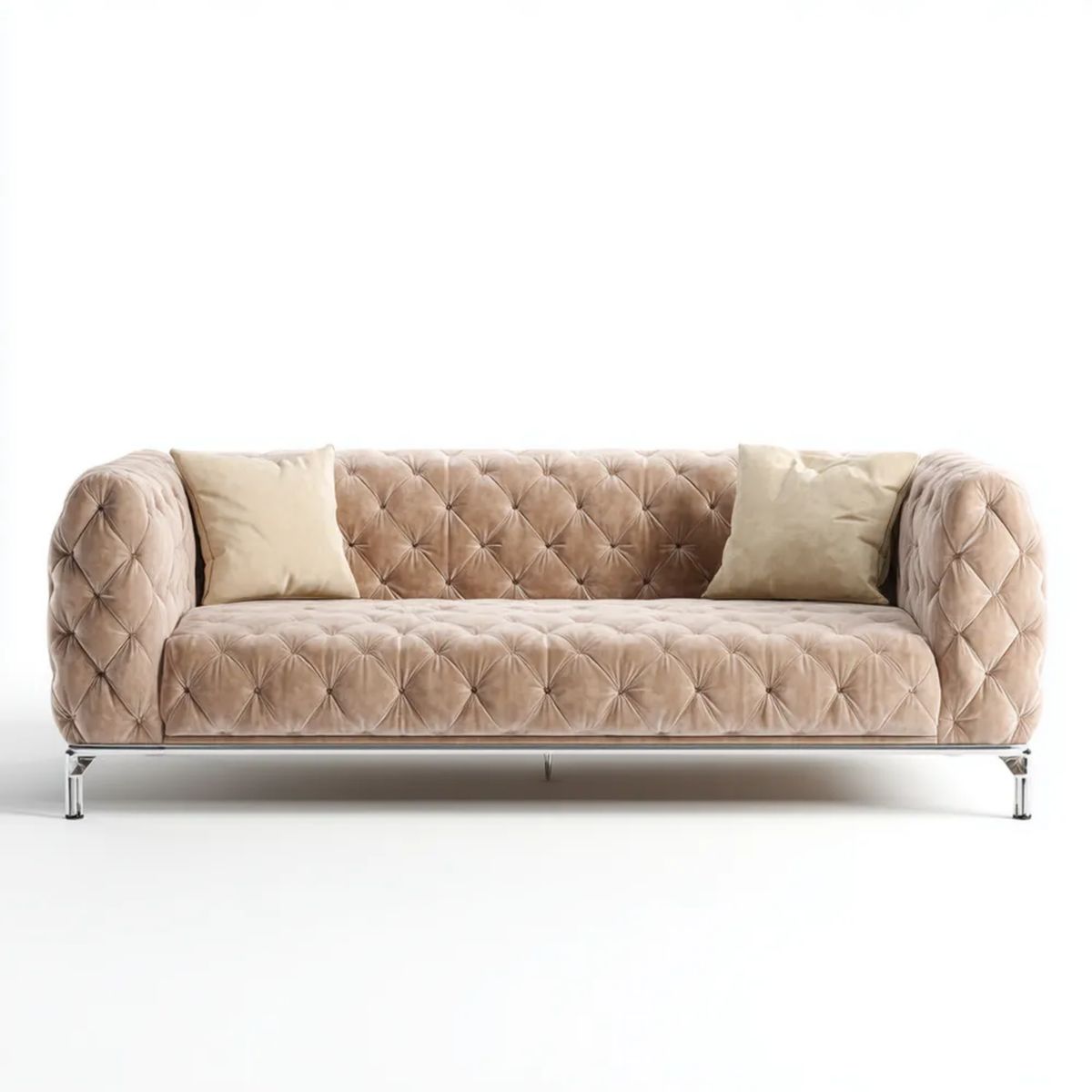 Trzyosobowa sofa beżowa z aksamitu, pikowana, 220 x 95 x 78 cm