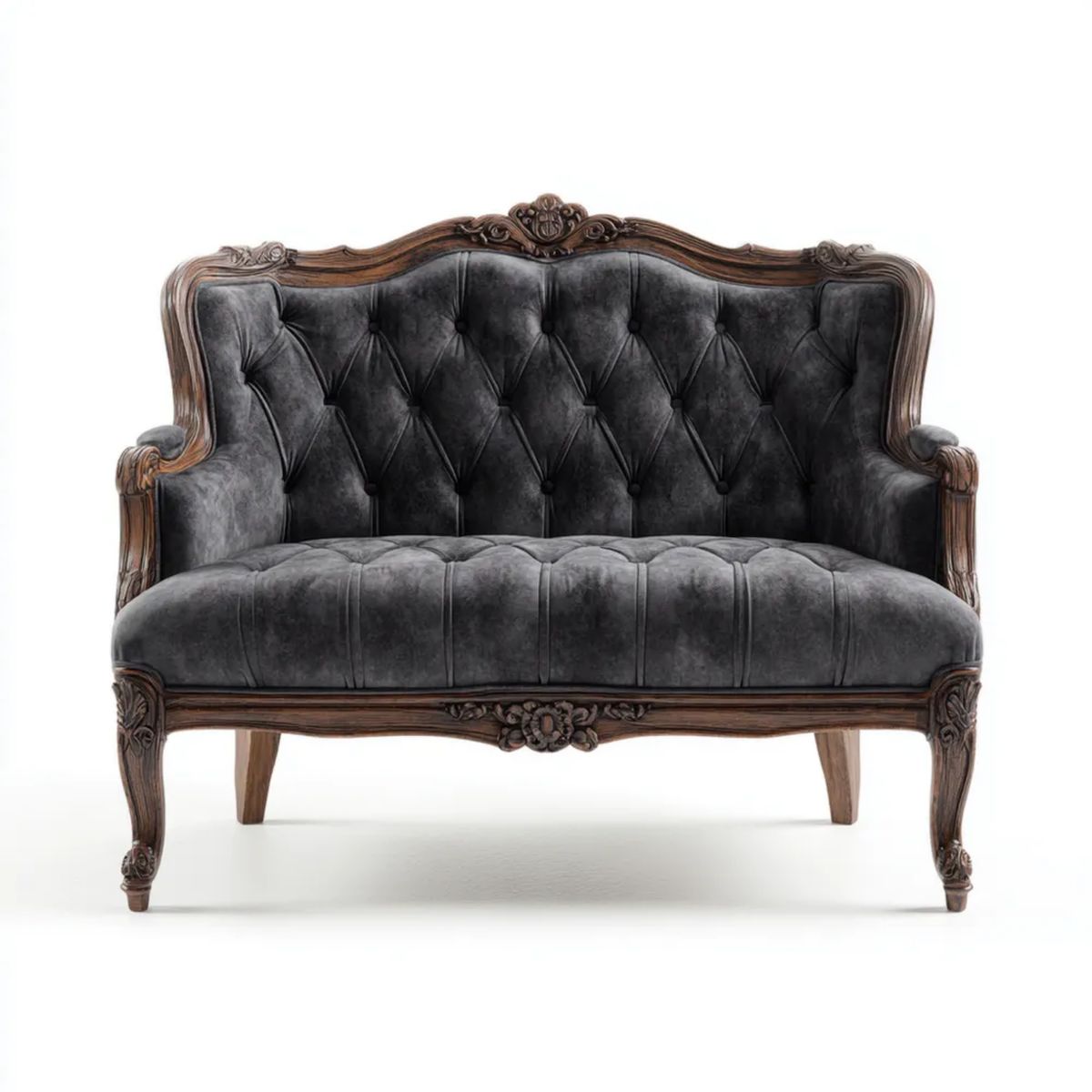 Dwuosobowa sofa Chesterfield grafitowa z aksamitu poliestrowego i drewnianą ramą, 145 x 75 x 110 cm