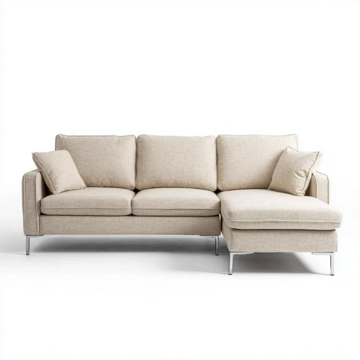 Beżowa sofa narożna w kształcie L z prawostronnym szezlongiem, tapicerka poliestrowa, 250 × 160 × 85 cm