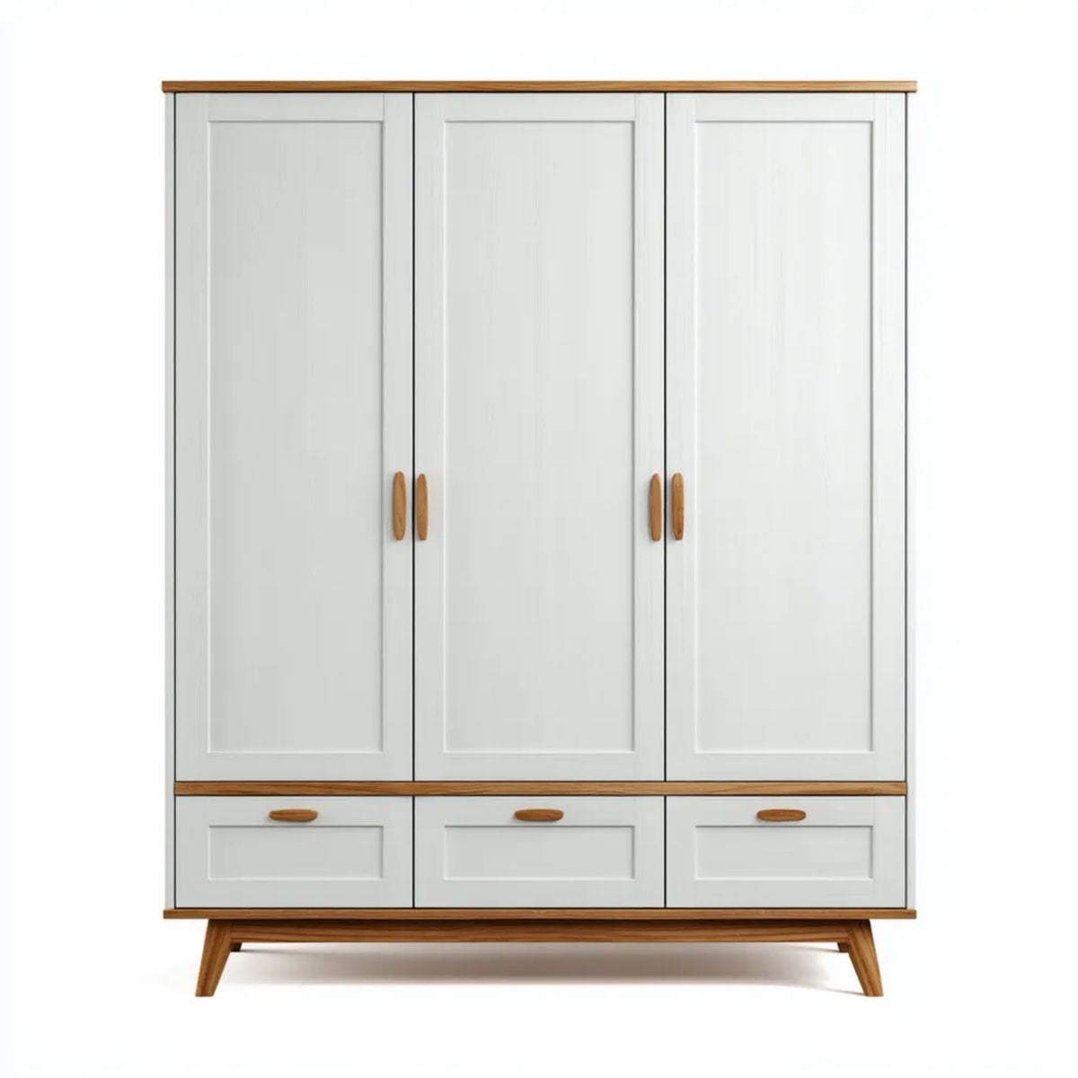 Szafa trzydrzwiowa z 3 szufladami, biała z naturalnym drewnem, MDF, 150 × 52 × 200 cm