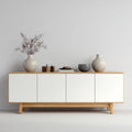 Komoda czterodrzwiowa biała z drewnianym wykończeniem, MDF, 180 × 40 × 75 cm