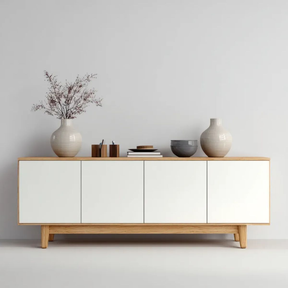 Komoda czterodrzwiowa biała z drewnianym wykończeniem, MDF, 180 × 40 × 75 cm