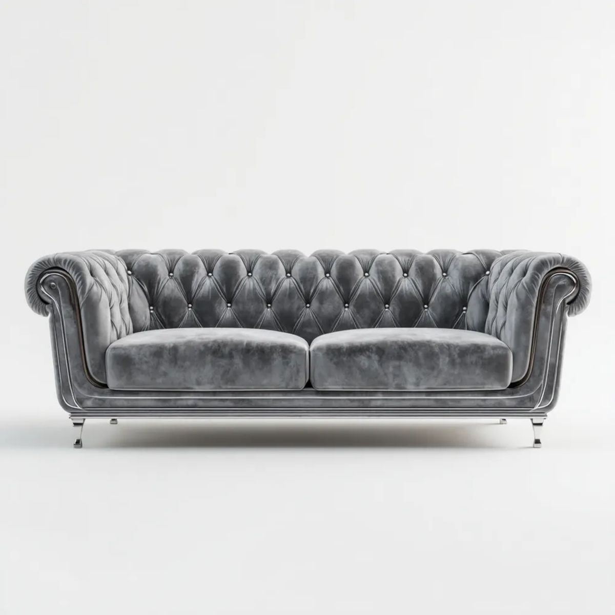 Trzyosobowa sofa Chesterfield z aksamitu szara ze srebrną podstawą 230 × 95 × 78 cm