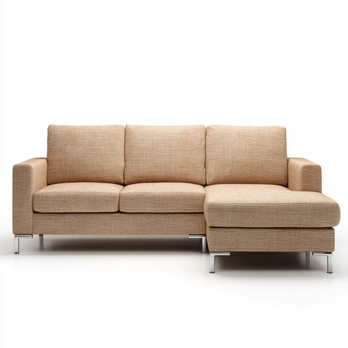 Beżowa sofa narożna 3-osobowa z prawym szezlongiem, tapicerka poliestrowa, 250 × 160 × 85 cm