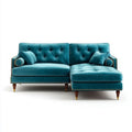 Turkusowa aksamitna sofa narożna 3-osobowa z prawostronnym szezlongiem, 250 × 160 × 85 cm, kształt L