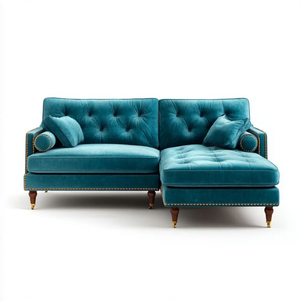 Turkusowa aksamitna sofa narożna 3-osobowa z prawostronnym szezlongiem, 250 × 160 × 85 cm, kształt L