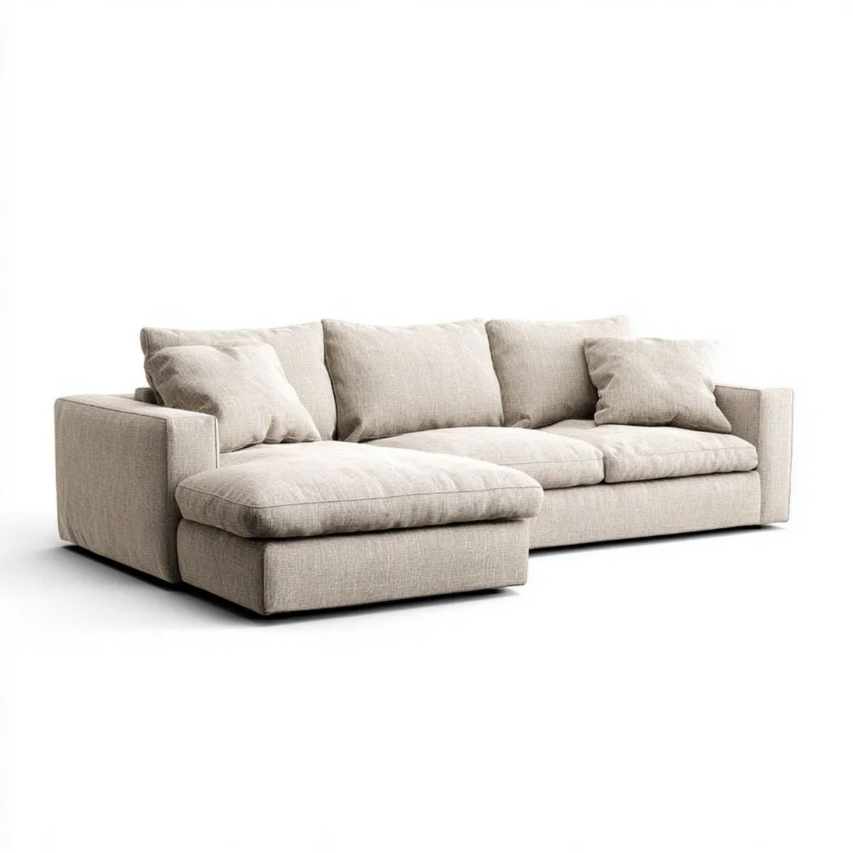Trzyosobowa sofa narożna w kształcie L z lewostronnym szezlongiem, beżowa, tapicerka poliestrowa, 250 x 160 x 85 cm