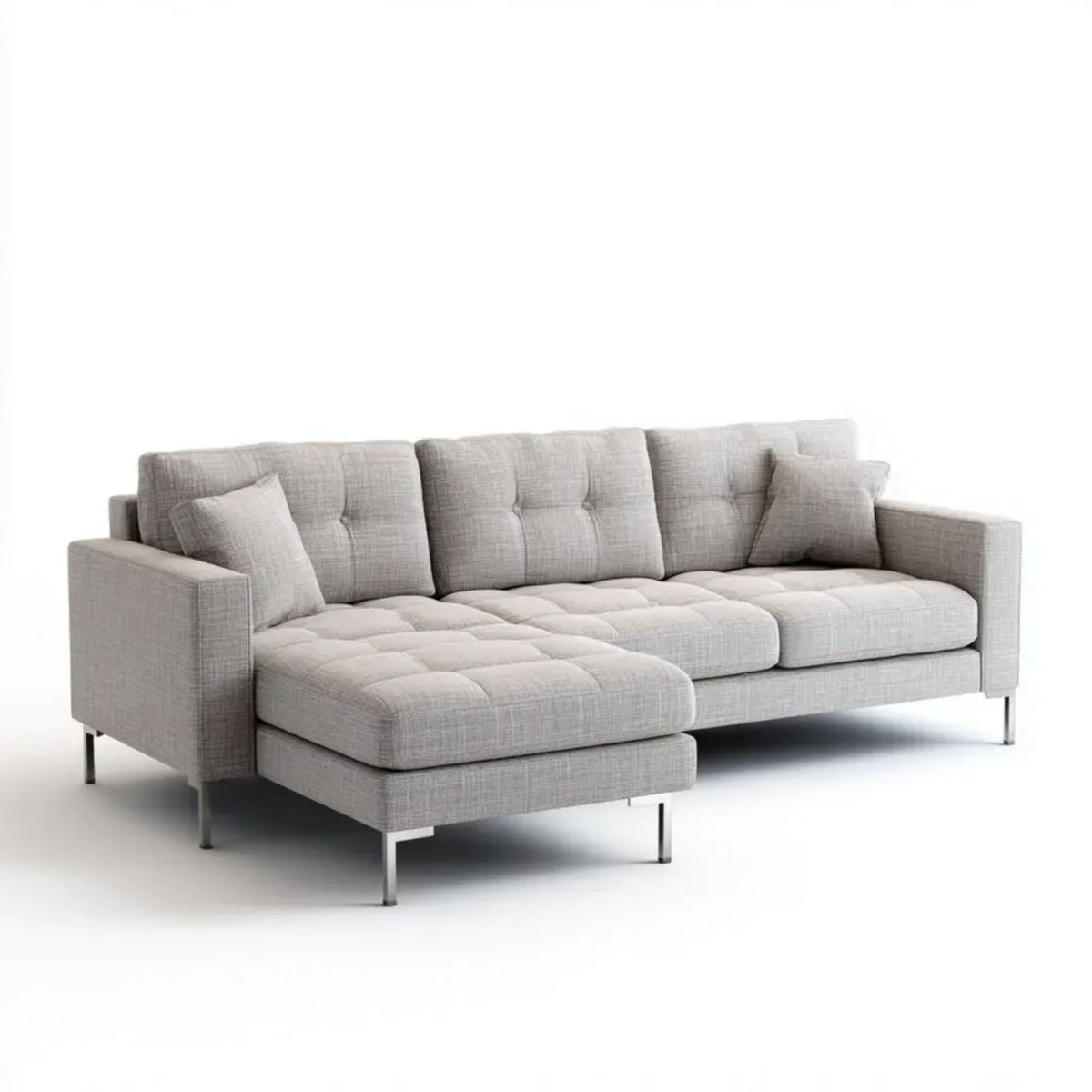 Trzyosobowa sofa narożna z lewostronną leżanką z tkaniny, jasnoszara, 245 × 160 cm