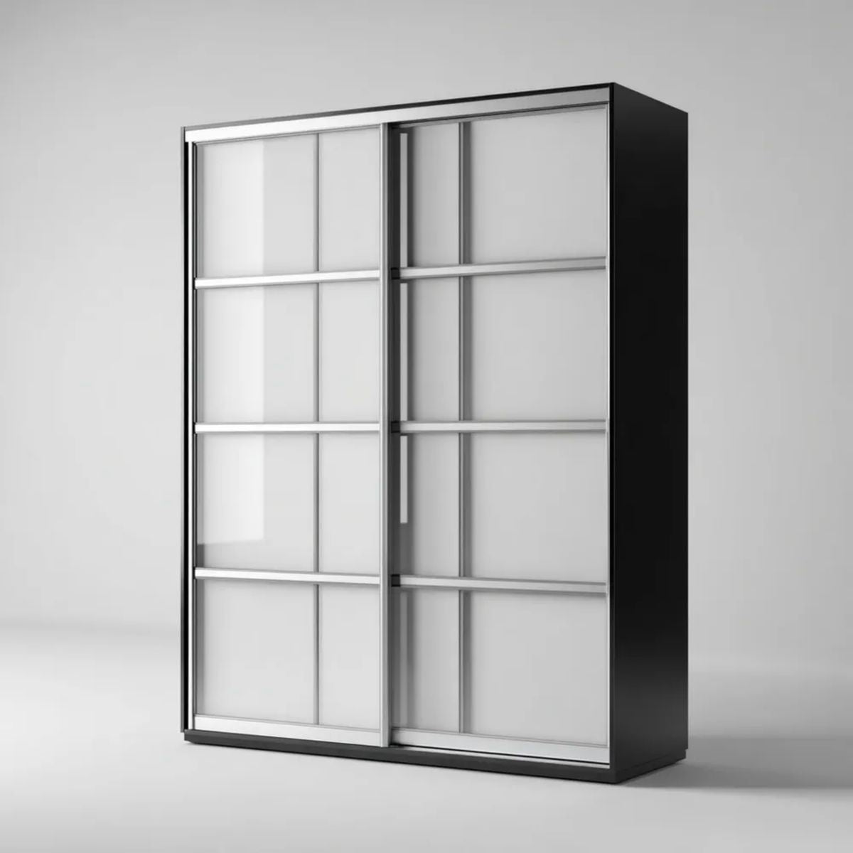 Czarna szafa przesuwna z panelami szklanymi, z płyty wiórowej laminowanej, 150 × 60 × 200 cm