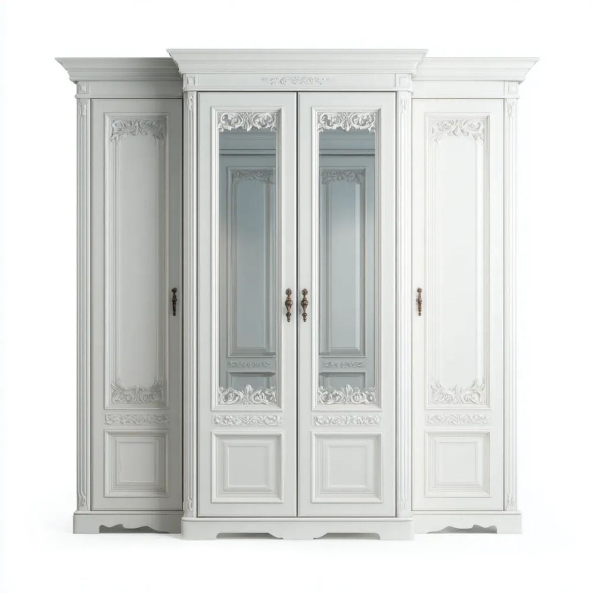 Biała szafa czterodrzwiowa z płyty MDF i lustrem, 200 × 60 × 220 cm